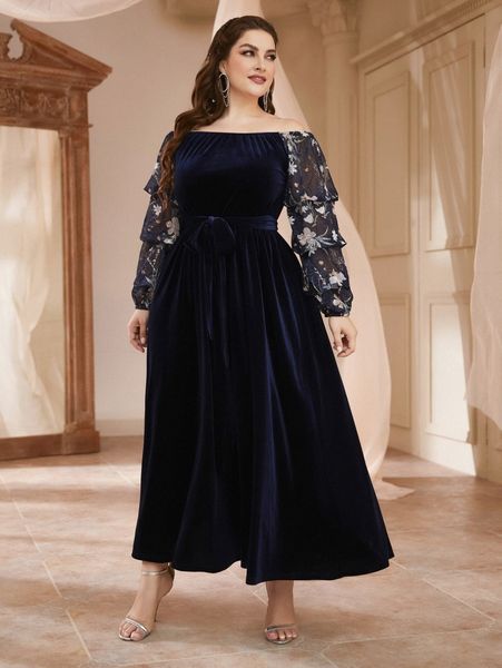 

plus off shoulder floral print lantern sleeve velvet dress 88dw#, Black