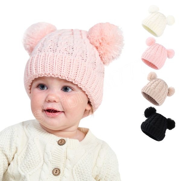 

solid color baby beanie cap winter warm children knitted twist hats for toddler girls boys cute double pompom hat, Yellow