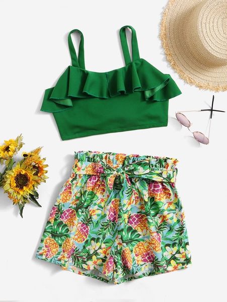 

girls ruffle trim & paperbag waist tropical print shorts she, White