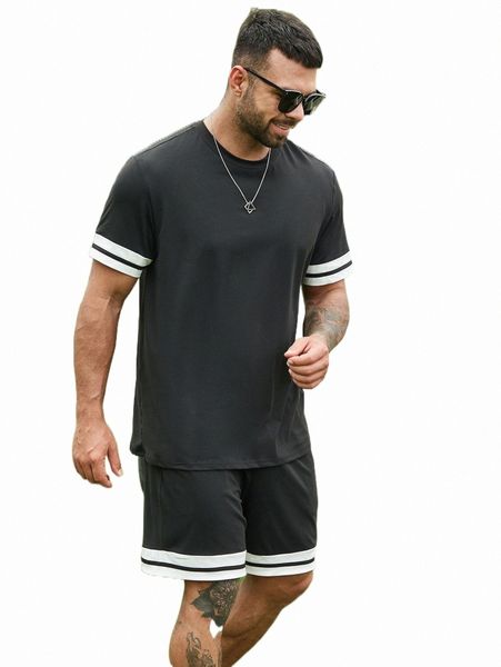 

men striped trimmed tee with drawstring waist shorts p7gu#, Gray