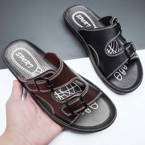 

men slippers 2022 leather genuine sewing buckle men's summer beach casual sandals outdoor comfortable walking footwea designer classic, Black
