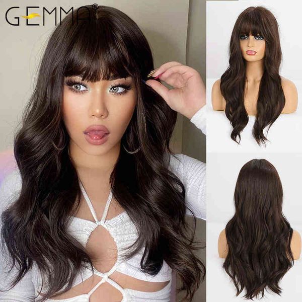 

hair synthetic wigs cosplay gemma long water wavy synthetic wigs with bangs natural wave dark brown cosplay hair wig for women african heat, Black