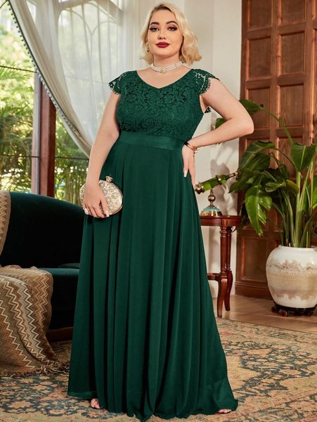 

miusol plus contrast lace cap sleeve formal dress z68h#, Black