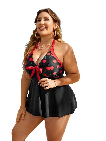 

plus cherry print knot front flowy hem halter high waist bikini swimsuit b9jf#, White;black