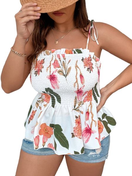 

plus floral print knot shoulder shirred bodice cami 06aq#, Black