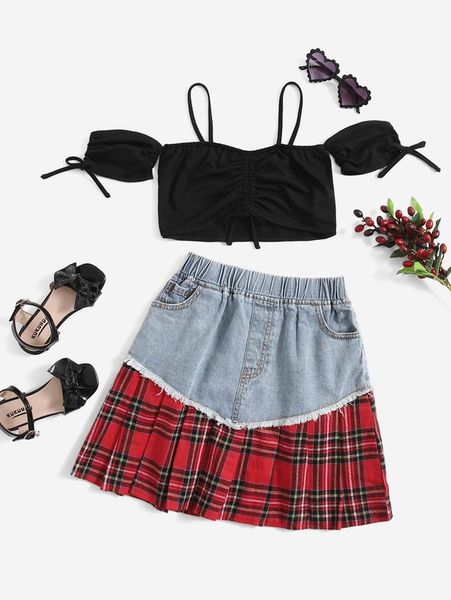 

girls cold shoulder & tartan raw trim 2 in 1 skirt she, White