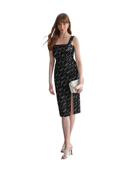 

motf premium silk printed slit dress u32n#, Black;gray