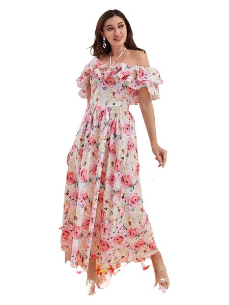 

modely allover floral print layered ruffle detail off shoulder halter dress b6d2#, Black;gray