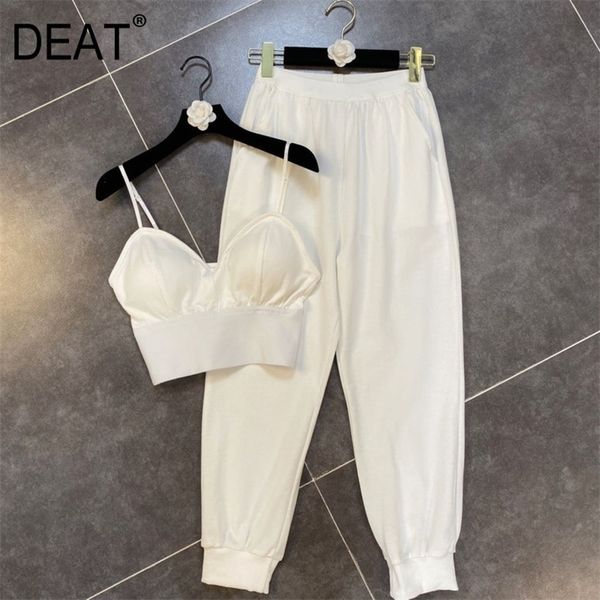 

deat summer fashion casual stapless hollow out vest high waist long pants two piece set women outfits sd020 220510, White