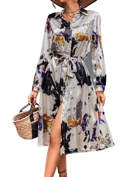 

allover print button front belted satin shirt dress n1ri#, Black;gray