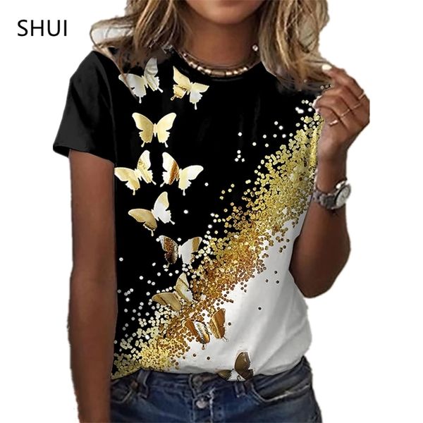 Schmetterlings-Lady-T-Shirt, 3D-Blumendruck, Rundhalsausschnitt, lässige Nische, Design-Sinn-Kleidung, weibliche Tierserie, kurze Ärmel 220526