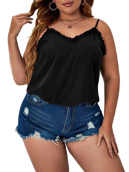 

plus solid frill trim cami 00vy#, Black