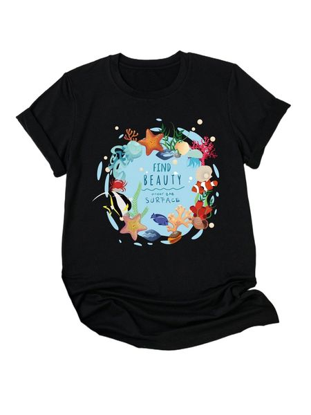 

women's plus size t-shirt plus floral & letter graphic tee s2xd#, Black