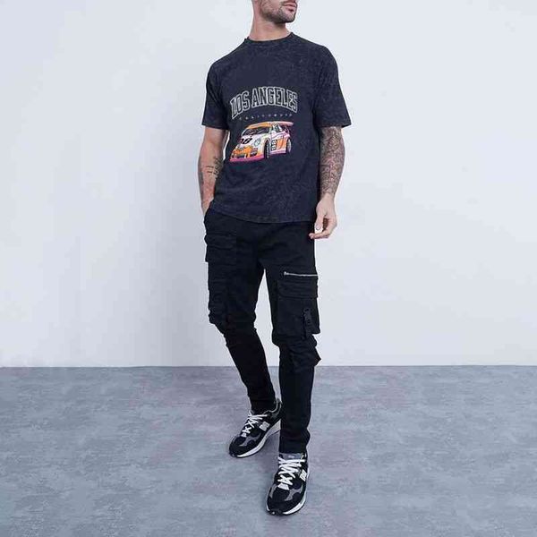 

street fashion men's t-shirt loose print round neck top, White;black