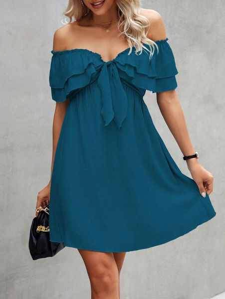 

knot front layered ruffle off shoulder dress l5br#, Black;gray