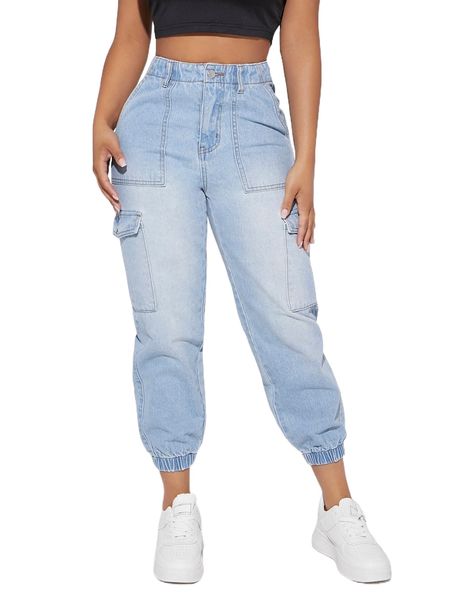 

petite high waist flap pocket jogger jeans m5vu#, Blue