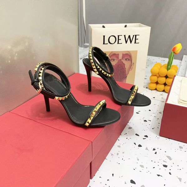 

brand new design women's shoes riveted leather gold gold open-toe high heeled banquet professional sandals size 34-42 with box, Black