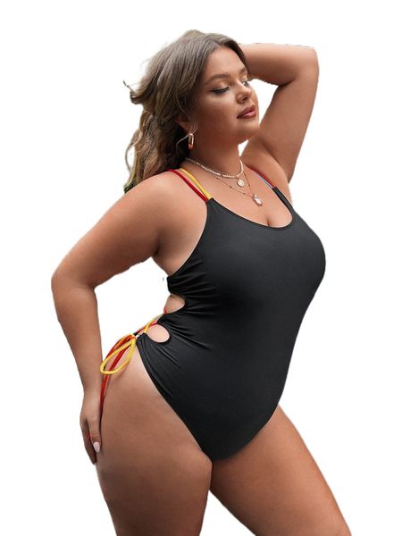 

plus colorblock strappy back one piece swimsuit l1dr#, White;black