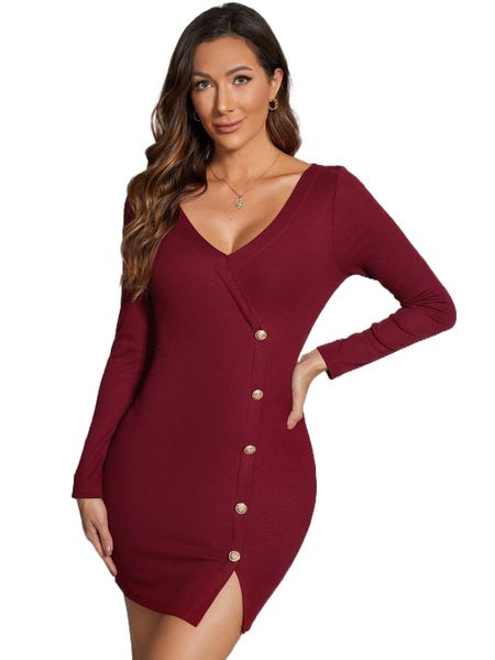 

single breasted slit hem bodycon dress w5lr#, Black;gray