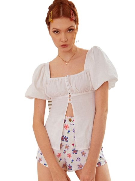 

square neck puff sleeve blouse g79x#, White