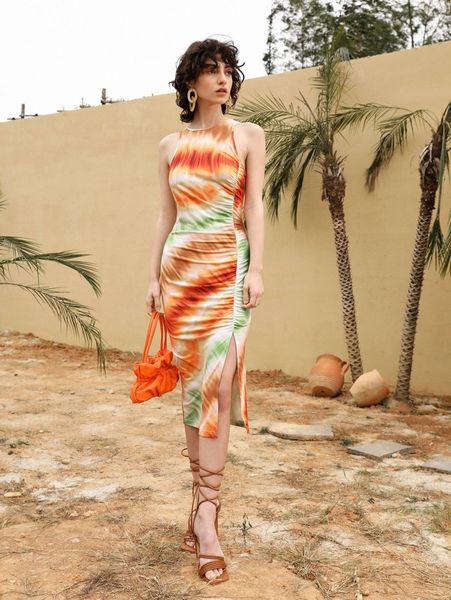 

tie dye ruched split thigh dress 87yx#, Black;gray