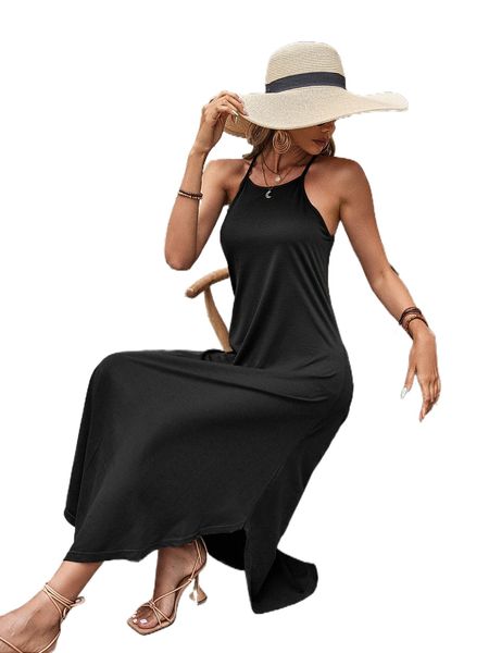 

solid asymmetrical hem halter dress 81sp#, Black;gray