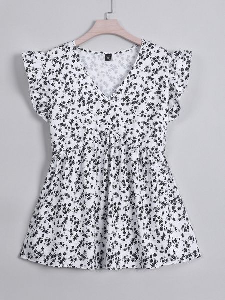 

plus ditsy floral v-neck peplum blouse a8rw#, Black