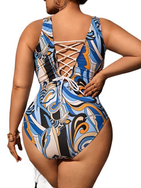 

plus graphic print lace up back one piece swimsuit u561#, White;black