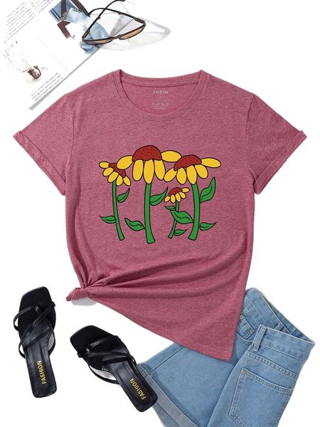 

floral print round neck tee 86qw#, White