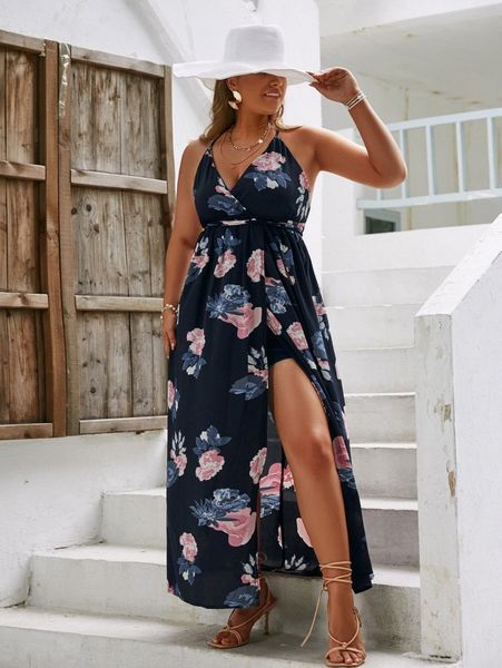 

simplee plus floral print criss cross backless halter dress 59vt#, Black