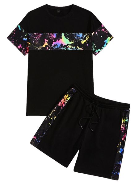 

men reflective splash ink print tee & drawstring waist shorts 817k#, Gray