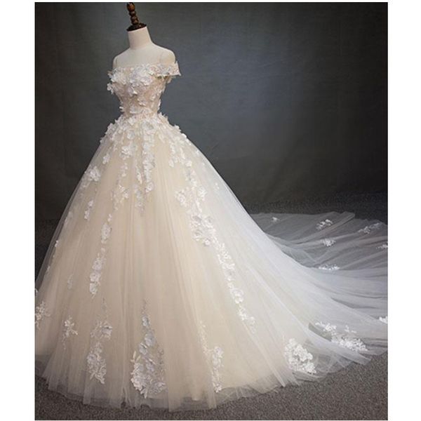 

3d flowers beaded white ball gown wedding dresses with appliques wedding party dress bridal gowns