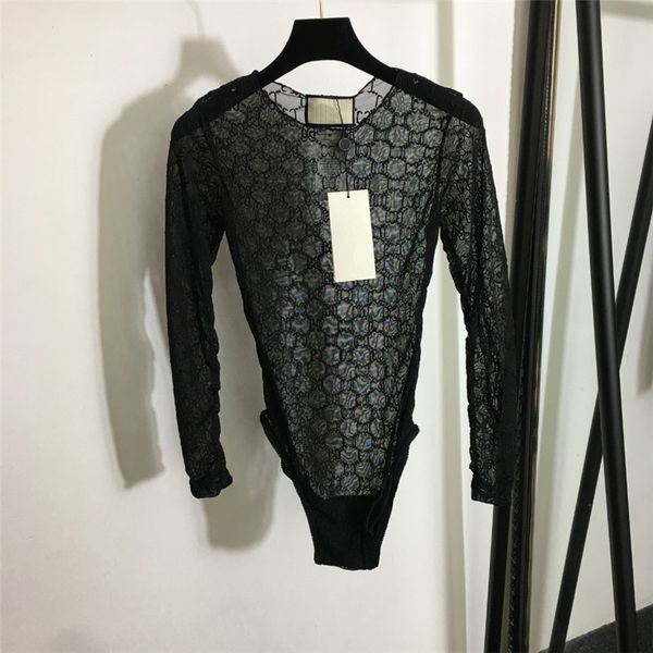 

mesh jumpsuits double letter embroideryrompers half high neck long sleeve bodysuit perspective lingerie set, Black;white