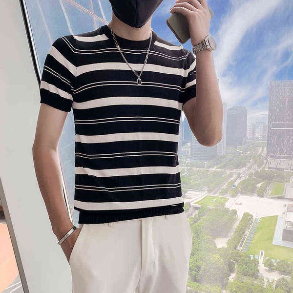 

2022 summer ice silk knitted t shirt men short sleeve slim casual t-shirt fashion striped round neck tee clothing, White;black