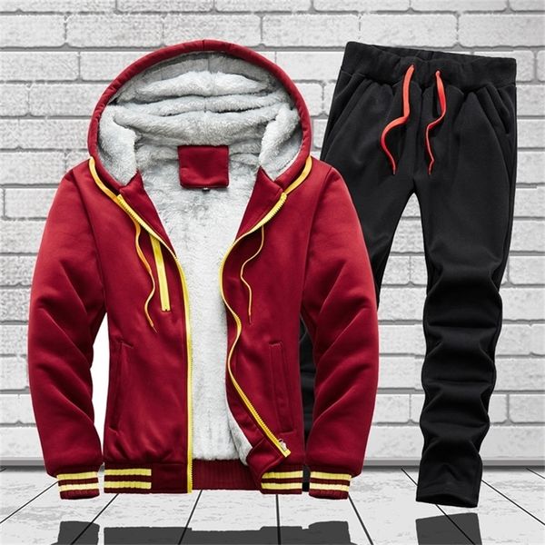 

winter tracksuit men casual fur lined outfits fleece hoodie and pants set 2 piece set men sportswear running suit workout clothe 201128, Gray