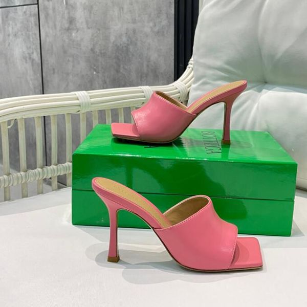 

italy trendy brand women's sandals slippers stretch open square toe sandals leather thick heeled shoes luxury atmosphere heels shoe sli, Black