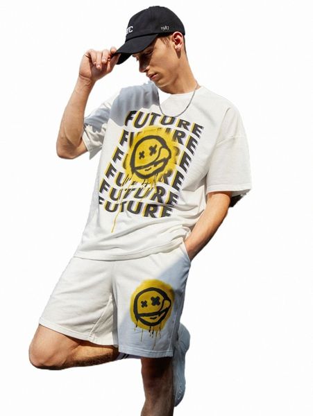 

men drop shoulder letter graphic tee & shorts set 45rc#, Gray