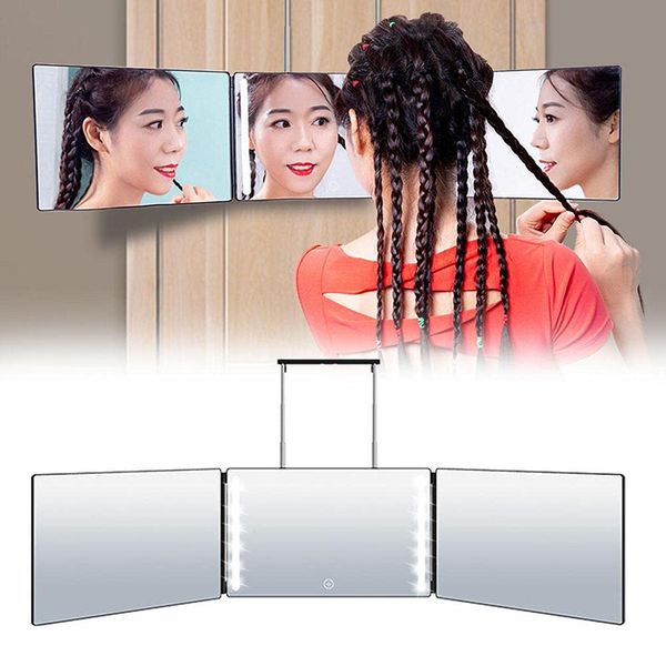 

3 folding led light makeup mirror with touch switch 360 degree view adjustable cosmetic mirror for self hair cutting diy haircut
