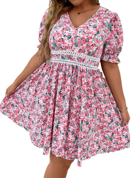 

plus floral print guipure lace insert puff sleeve dress a4dc#, Black