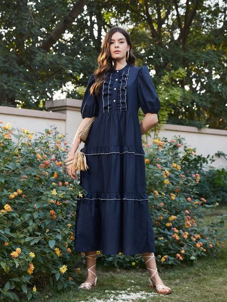 

button front frill trim ruffle hem puff sleeve dress q9wy#, Black;gray