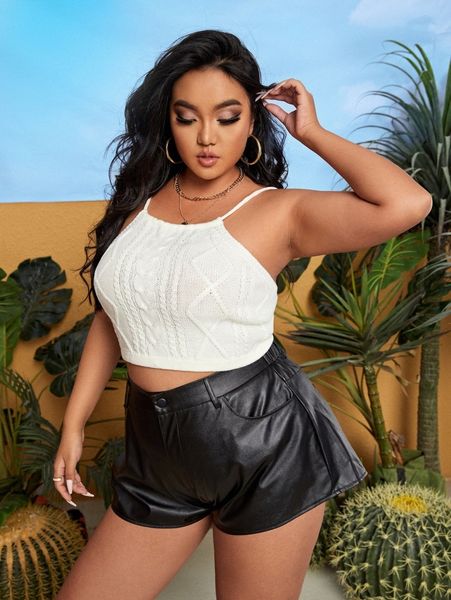 

plus lace up back crop cable knit cami w51t#, Black