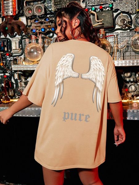 

plus letter & wings print drop shoulder tee e2ul#, Black
