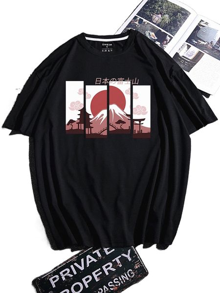 

men mountain & japanese letter graphic tee n5rf#, White;black