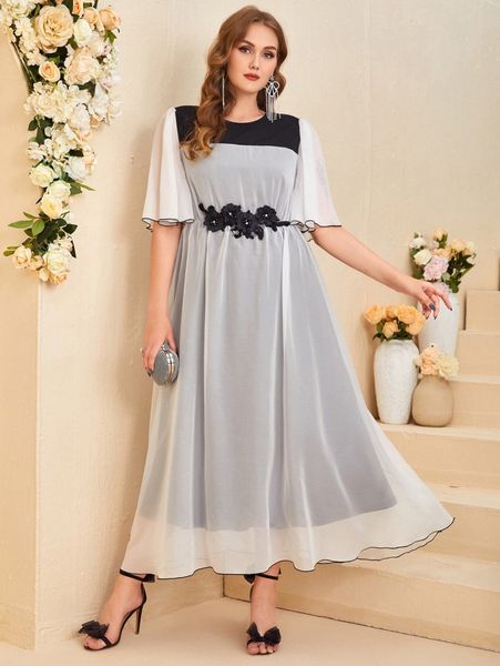 

plus butterfly sleeve applique detail dress e72c#, Black