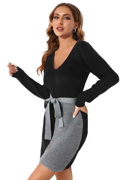 

v-neck colorblock belted sweater dress w9iy#, White;black