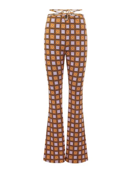 

x tartagain plaid & expression print tie back flare leg pants 64oa#, Black;white