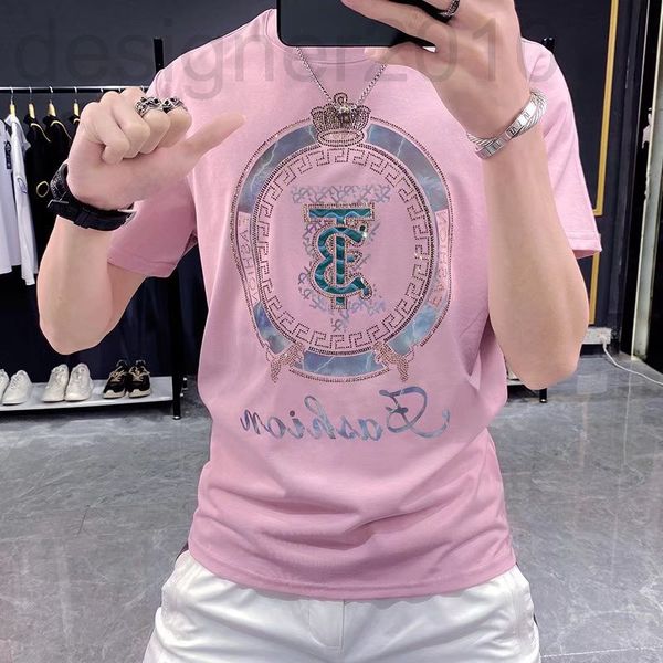 

men's t-shirts designer european fashion brand drill short sleeve t-shirt men's ins2022 summer new pink half t-shirt fwcl, White;black