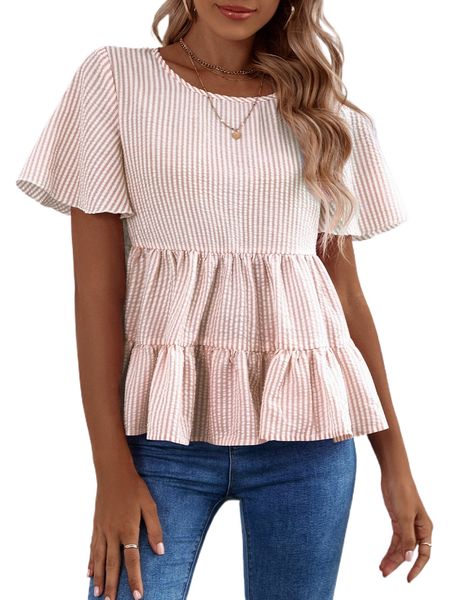 

striped ruffle hem blouse s1eh#, White