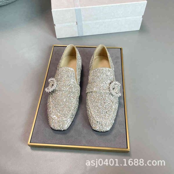 

dress shoes spring cowhide buckle square head flat sole single shoe silver sequin one foot pedal lefu shoes small leather qp71, Black