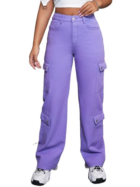 

high waisted flap pocket cargo jeans 18lq#, Blue